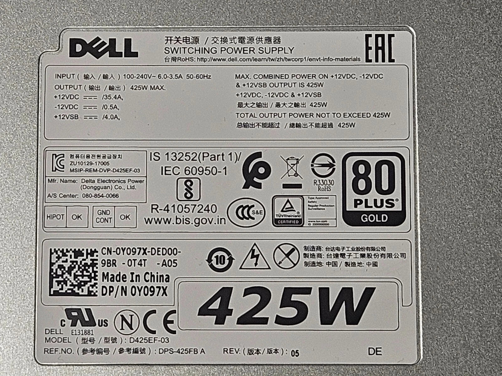 Dell L425EF-00 Precision 5820 425W PSU Power Supply 3W8F7/Y097X Genuine