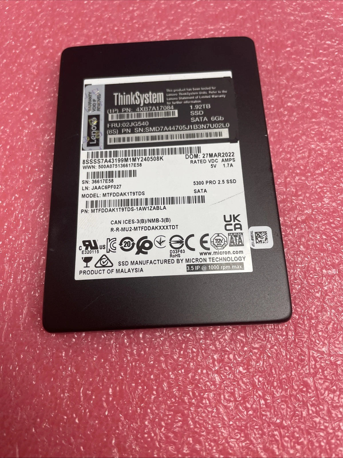 USED THINKSYSTEM MTFDDAK1T9TDS R-R-MU2-MTFDDAKXXXTDT.1.92TB SSD 6GB.