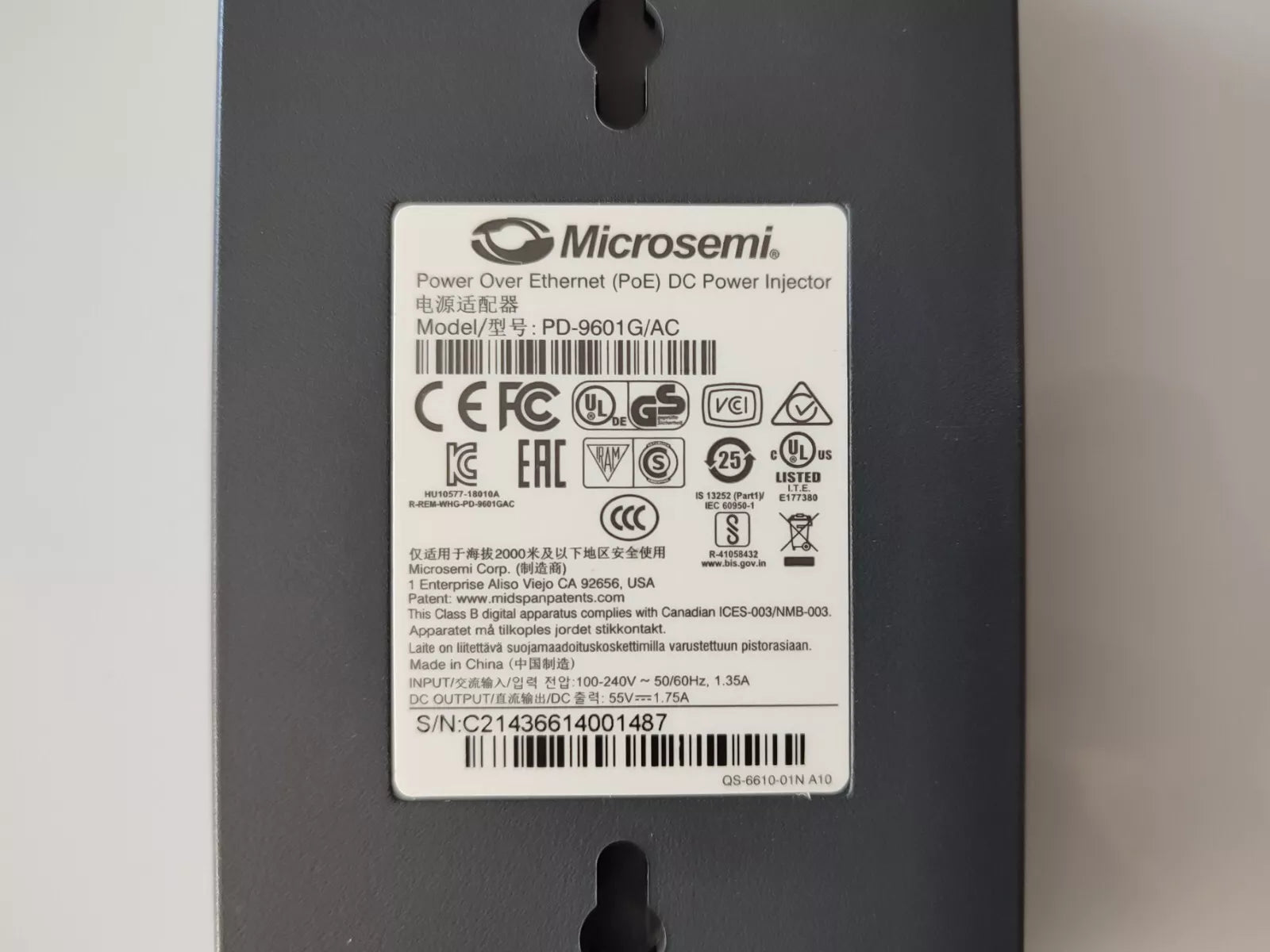 MICROSEMI PD-9601G/AC ALIMENTACIÓN SOBRE ETHERNET (PoE) DC INYECTOR DE ALIMENTACIÓN MIDSPAN