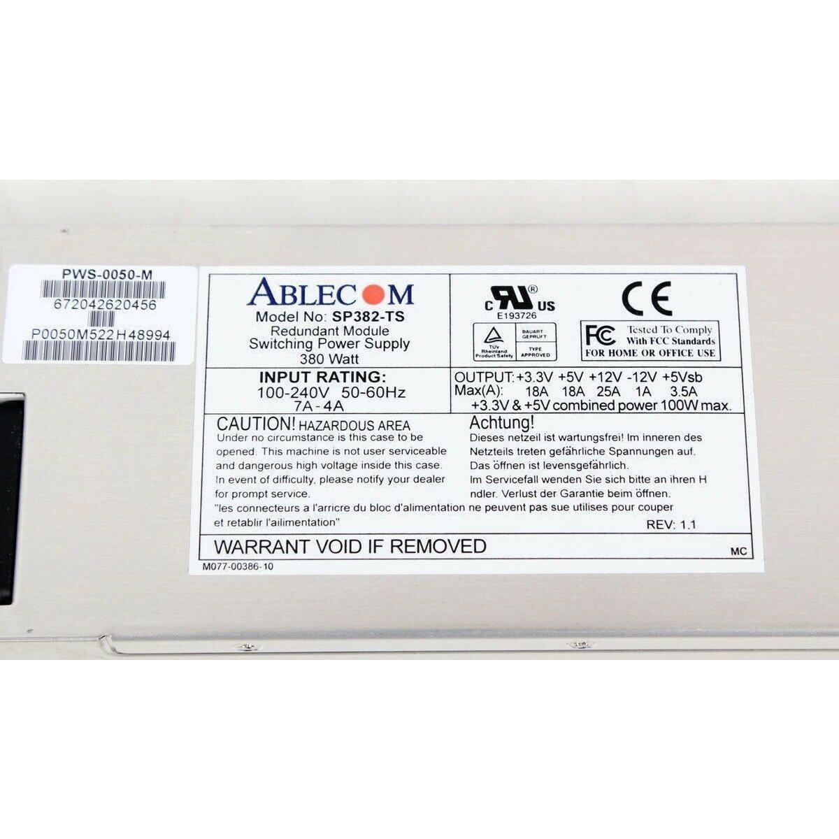 Ablecom SP382-TS 380W Switching Power Supply, SuperMicro P/N: PWS-0050-M 3701195209847 - AloinfoUSA