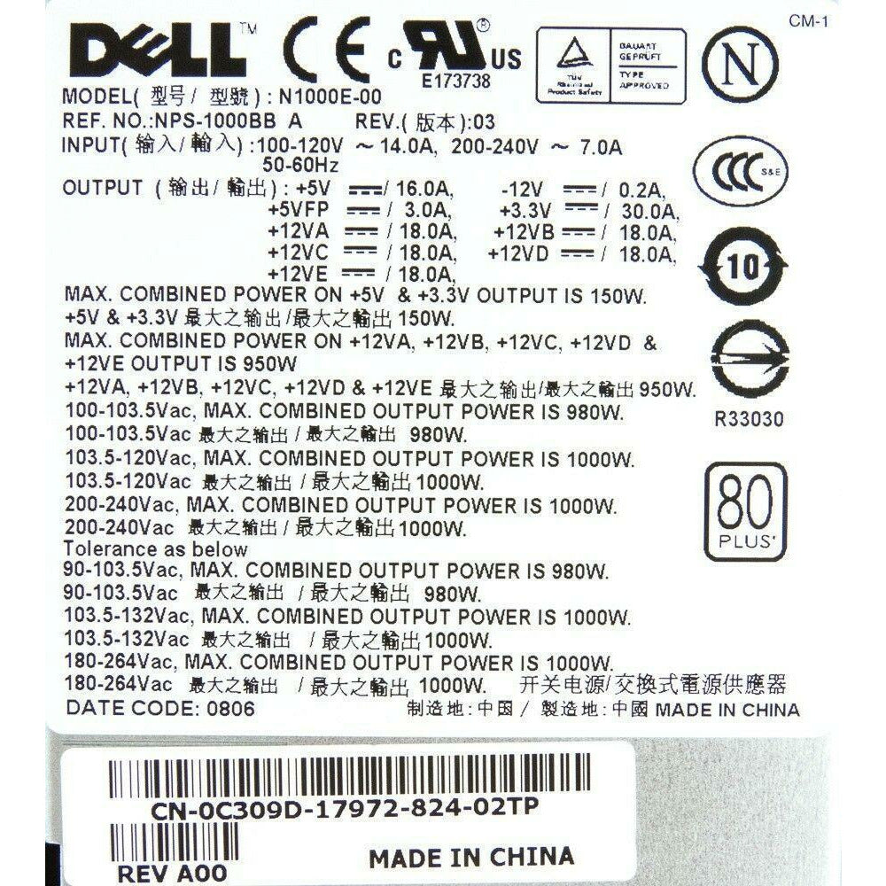DELL NPS-1000BB A POWER SUPPLY 1000WATT 0C309D - AloinfoUSA