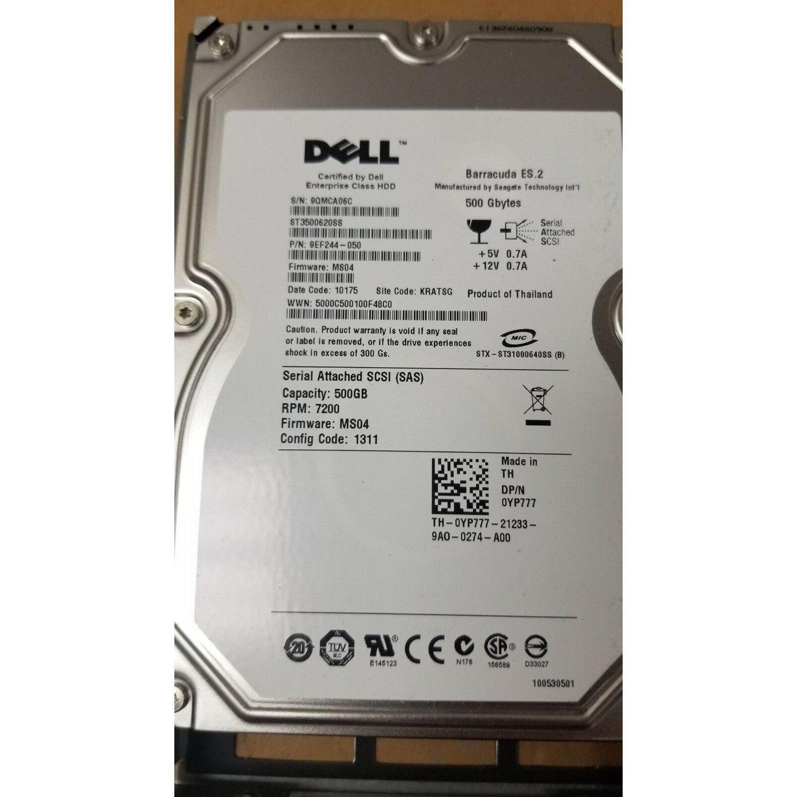 Dell YP777 Seagate ST3500620SS 500GB 7200RPM 3.5" SAS Enterprise HDD with Tray - AloinfoUSA