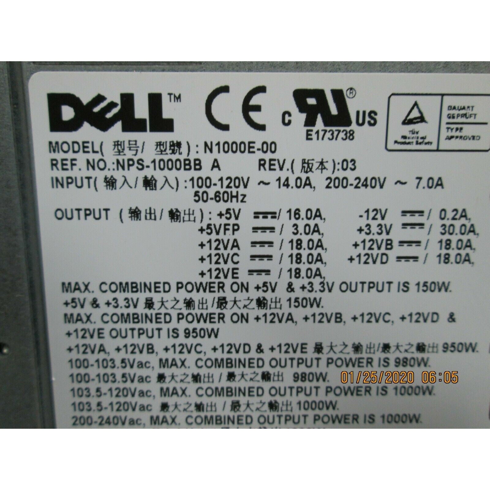 Genuine Dell Precision N1000E-00 Power Supply - AloinfoUSA