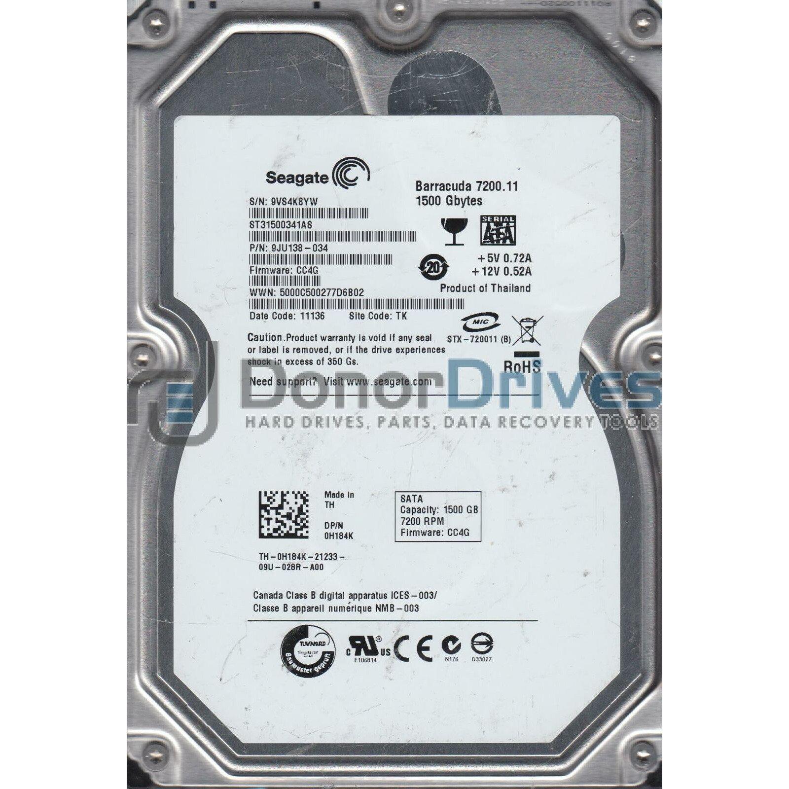 ST31500341AS, 9VS, TK, PN 9JU138-034, FW CC4G, Seagate 1.5TB SATA 3.5 Hard Drive - AloinfoUSA